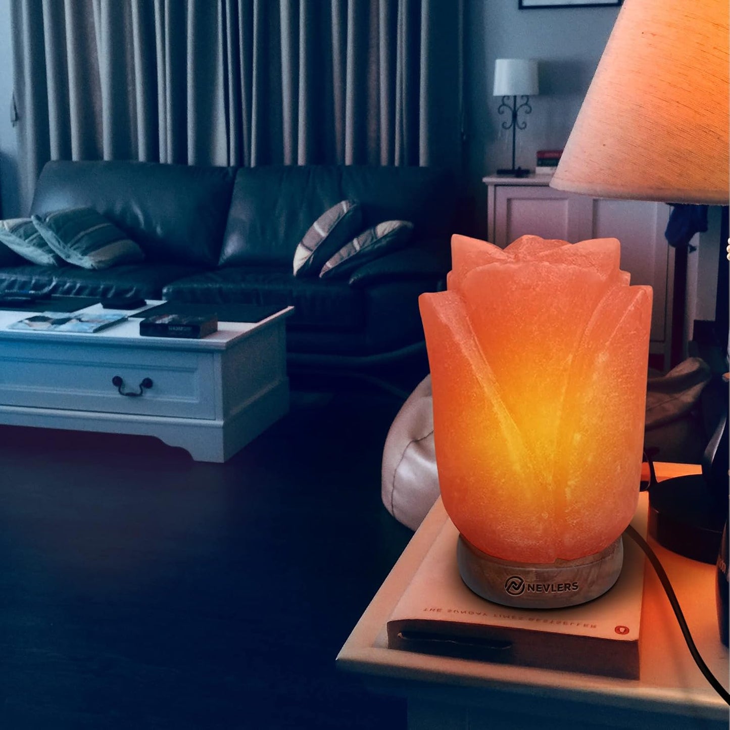 Flower Shape Pink Himalayan Salt Lamp with Wood Base | 7-8 Lbs and 7"- 8" Tall Salt Rock Lamp W/Dimmer Cord & Light Bulb | 100% Salt Light Himalayan Lamp | Himalayan Salt Lamps for Home Decor