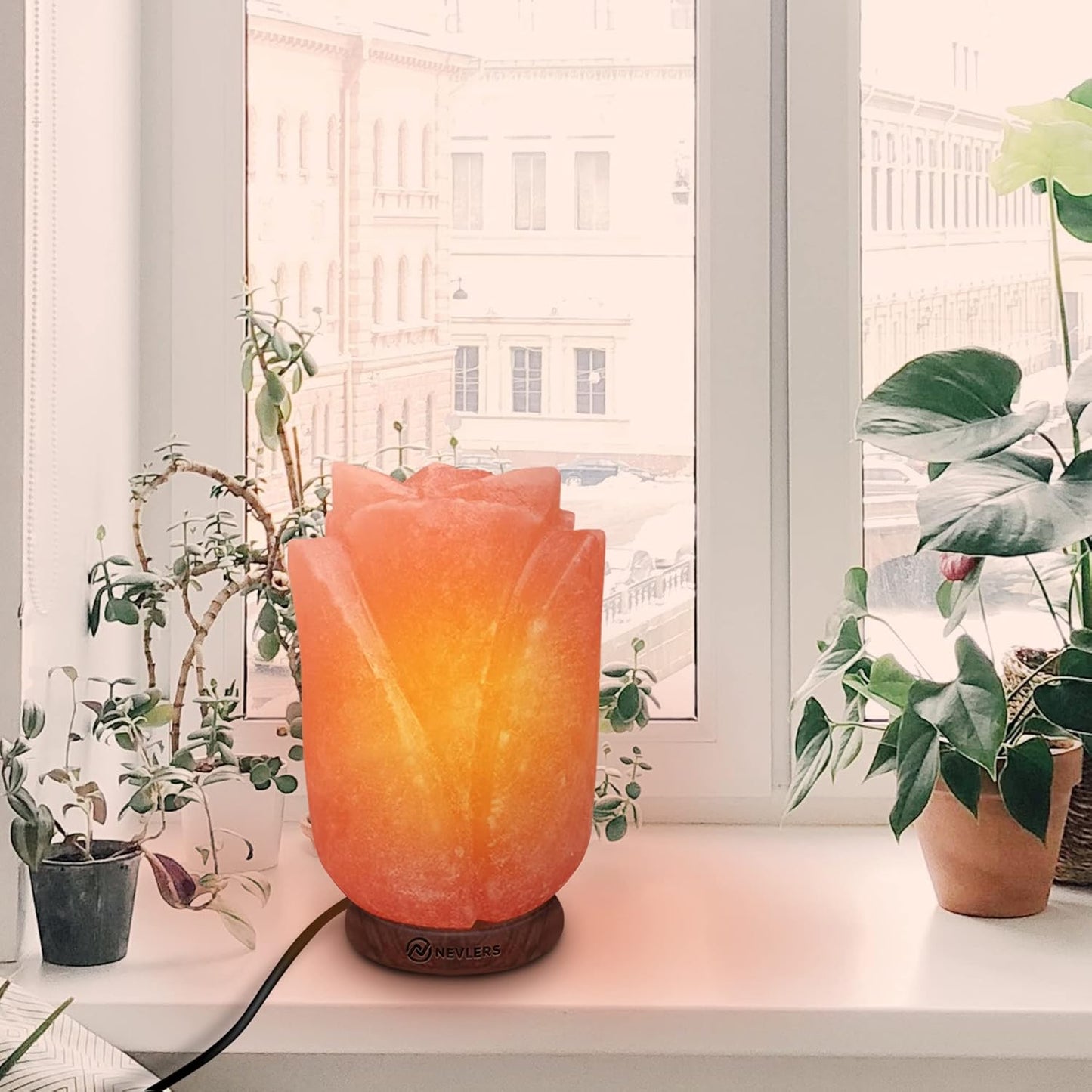 Flower Shape Pink Himalayan Salt Lamp with Wood Base | 7-8 Lbs and 7"- 8" Tall Salt Rock Lamp W/Dimmer Cord & Light Bulb | 100% Salt Light Himalayan Lamp | Himalayan Salt Lamps for Home Decor