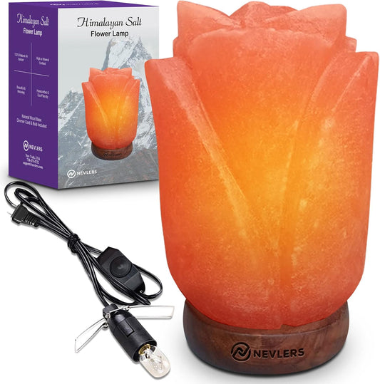 Flower Shape Pink Himalayan Salt Lamp with Wood Base | 7-8 Lbs and 7"- 8" Tall Salt Rock Lamp W/Dimmer Cord & Light Bulb | 100% Salt Light Himalayan Lamp | Himalayan Salt Lamps for Home Decor